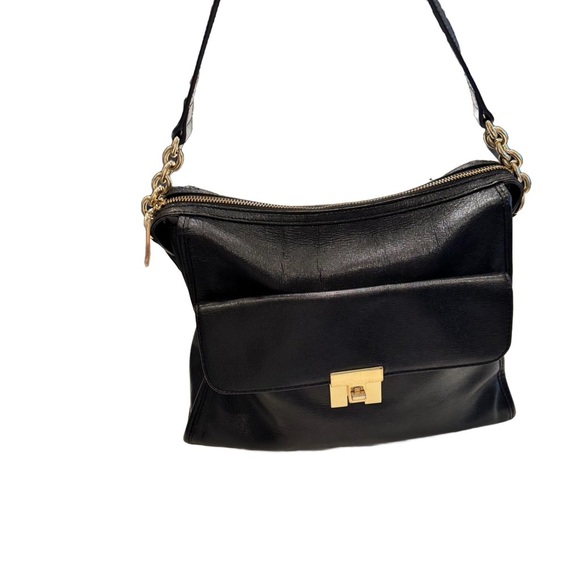 Tommy Hilfiger Black LEATHER Shoulder Bag W/ Gold Hardware Excellent Condition - Picture 1 of 13